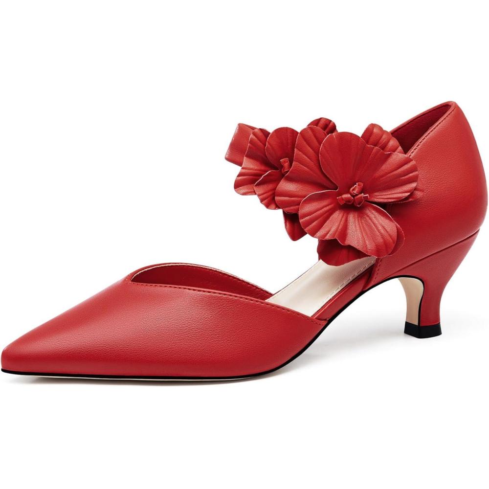 imageCoutgo Womens Low Kitten Heels Dressy Shoes Comfortable Closed Toe Flower Slip on Formal Party Dance Heeled PumpsRed