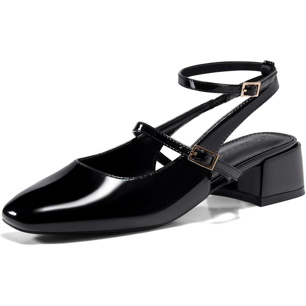 imageCoutgo Womens Mary Jane Chunky Low Heels Closed Square Toe Ankle Strap Pumps Wedding Party Dress ShoesBlack