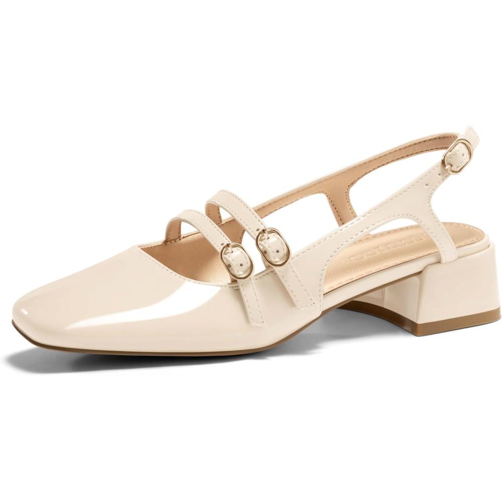 imageCoutgo Womens Mary Jane Chunky Low Heels Slingback Pumps Closed Square Toe Wedding Dress ShoesBeige