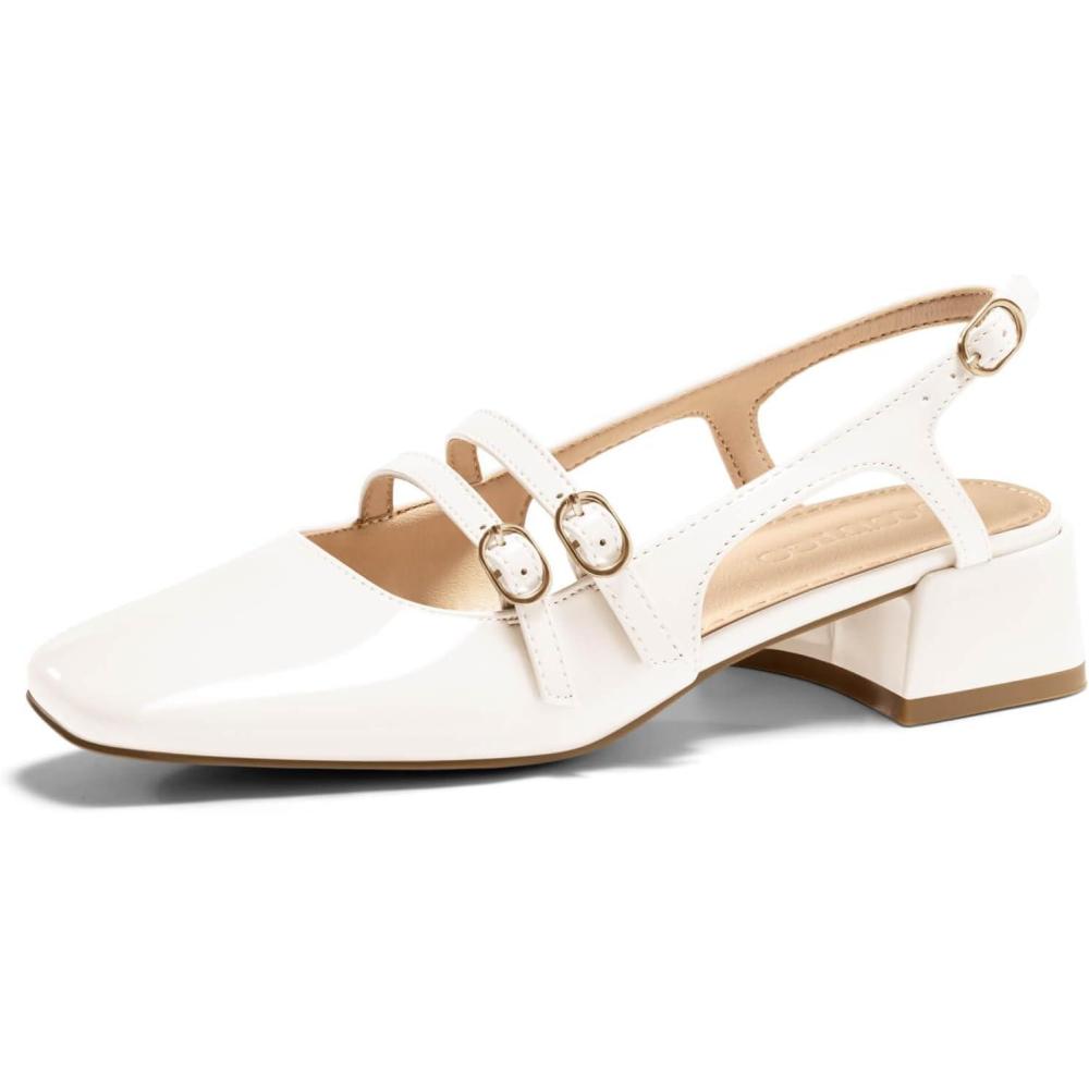 imageCoutgo Womens Mary Jane Chunky Low Heels Slingback Pumps Closed Square Toe Wedding Dress ShoesWhite