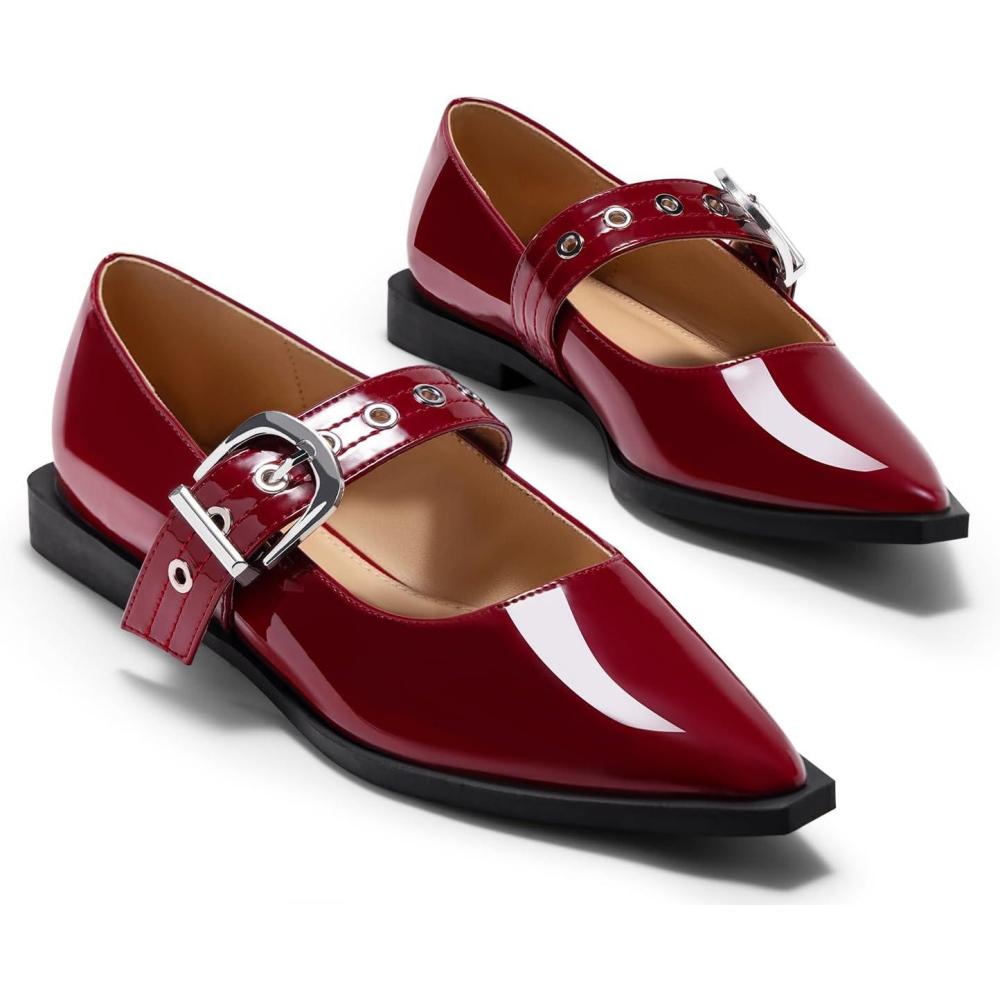 imageCoutgo Womens Mary Jane Flats Closed Pointed Toe Ballet Flat Studded Metal Adjustable Buckle Dress ShoesWine Red