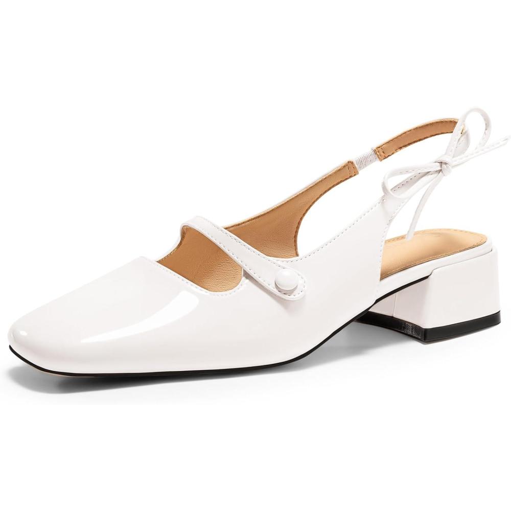 imageCoutgo Womens Mary Jane Shoes Slingback Chunky Low Heels Bow Closed Square Toe Pumps Wedding Party Dress ShoesWhite
