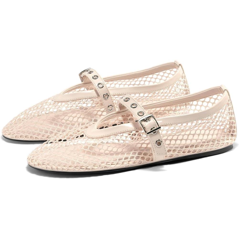 imageCoutgo Womens Mesh Ballet Flats Mary Jane Fishnet Ballerina Buckle Strap Comfortable Causal Dress ShoesNude