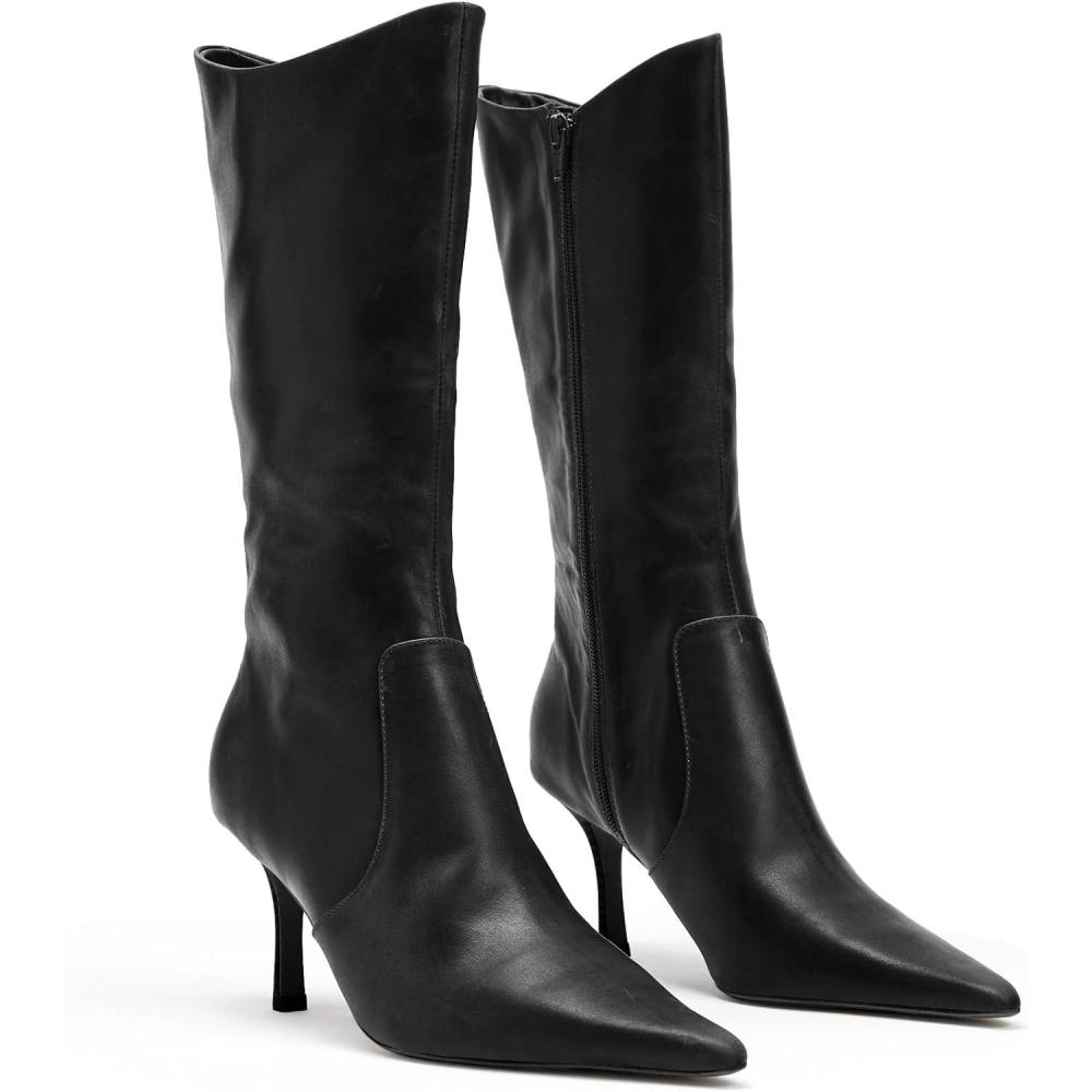 imageCoutgo Womens Mid Calf Boots Pointed Toe High Heel Long Boots Side Zipper Winter Dress ShoesBlack