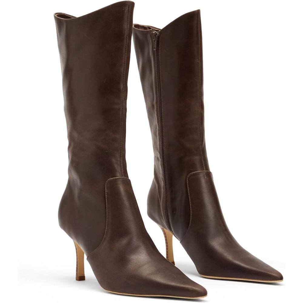 imageCoutgo Womens Mid Calf Boots Pointed Toe High Heel Long Boots Side Zipper Winter Dress ShoesDark Brown