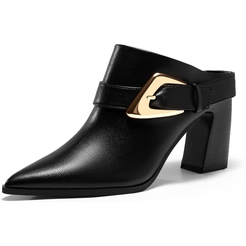 imageCoutgo Womens Mules Boots Chunky Stacked Heel Pointed Toe Booties Slip On Dress Boot Shoes with Buckle DecorationBlack