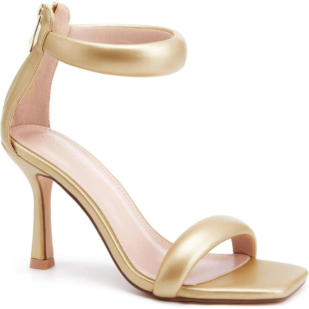 imageCoutgo Womens One Strap Heeled Sandals Square Open Toe Stiletto Heels Ankle Buckle Strap Summer Pump ShoesGold