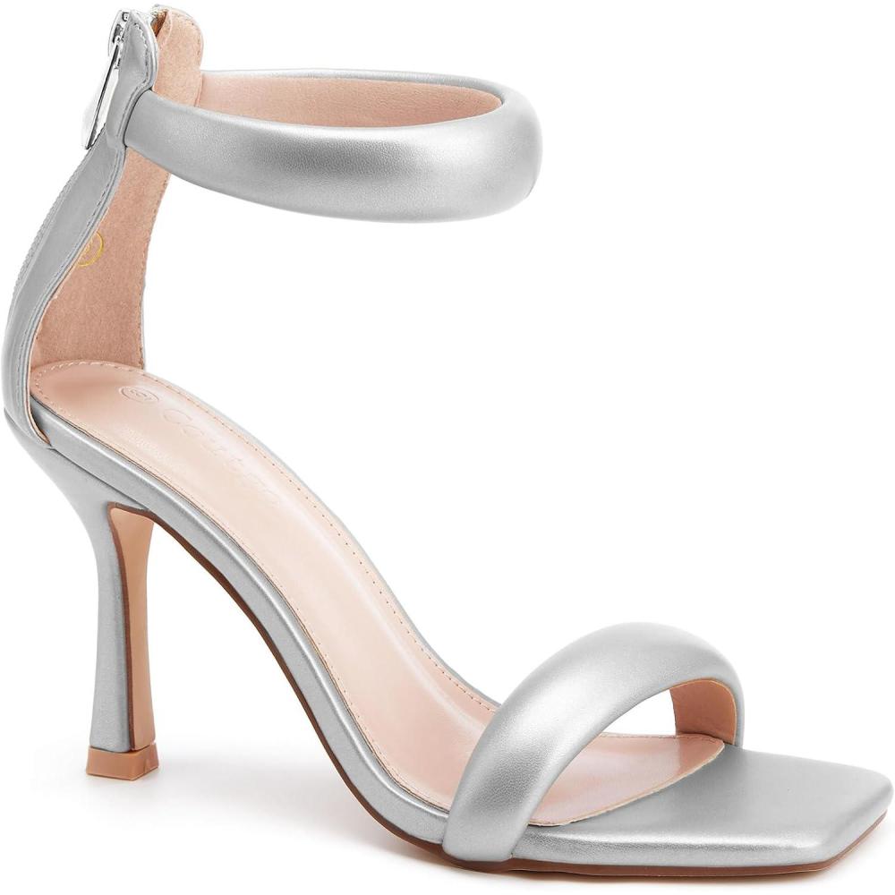 imageCoutgo Womens One Strap Heeled Sandals Square Open Toe Stiletto Heels Ankle Buckle Strap Summer Pump ShoesSilver