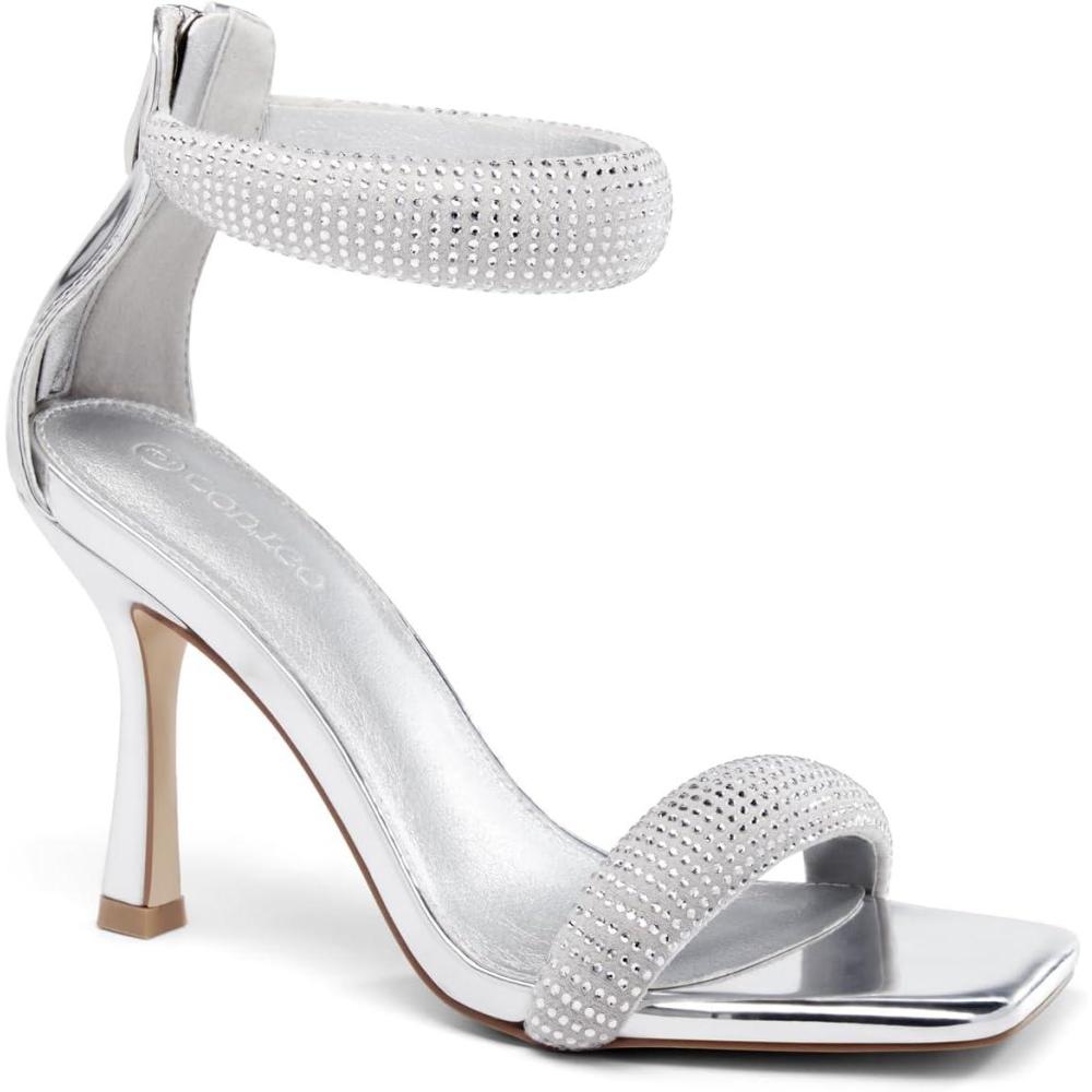 imageCoutgo Womens One Strap Heeled Sandals Square Open Toe Stiletto Heels Ankle Buckle Strap Summer Pump ShoesSilvery Gray