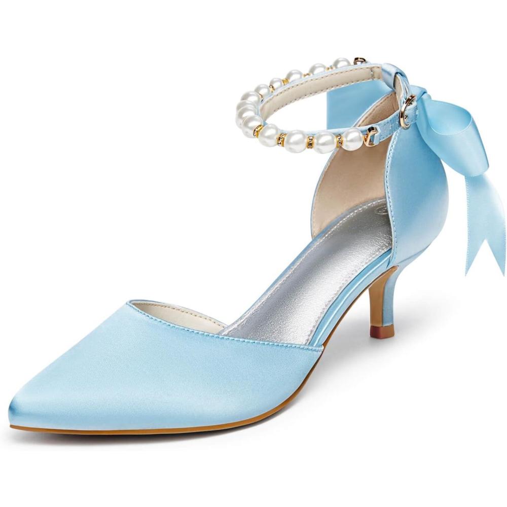 imageCoutgo Womens Pearl Ankle Strap Pumps Low Kitten Heel DOrsay Satin Back Tieknot Heels Pointed Toe Wedding Party Dress ShoesSky Blue