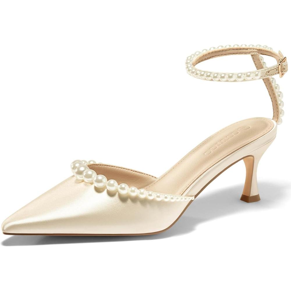 imageCoutgo Womens Pearl Kitten Heels Closed Pointed Toe Wedding Bride Dress Shoes Ankle Strap Satin PumpsChampagne Gold