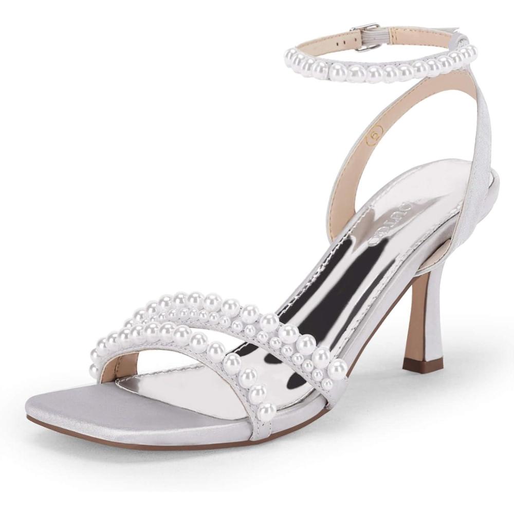 imageCoutgo Womens Pearl Kitten Heels Sandals Square Open Toe Dress Sandals Ankle Strap Satin Wedding Party Summer SandalsBlue