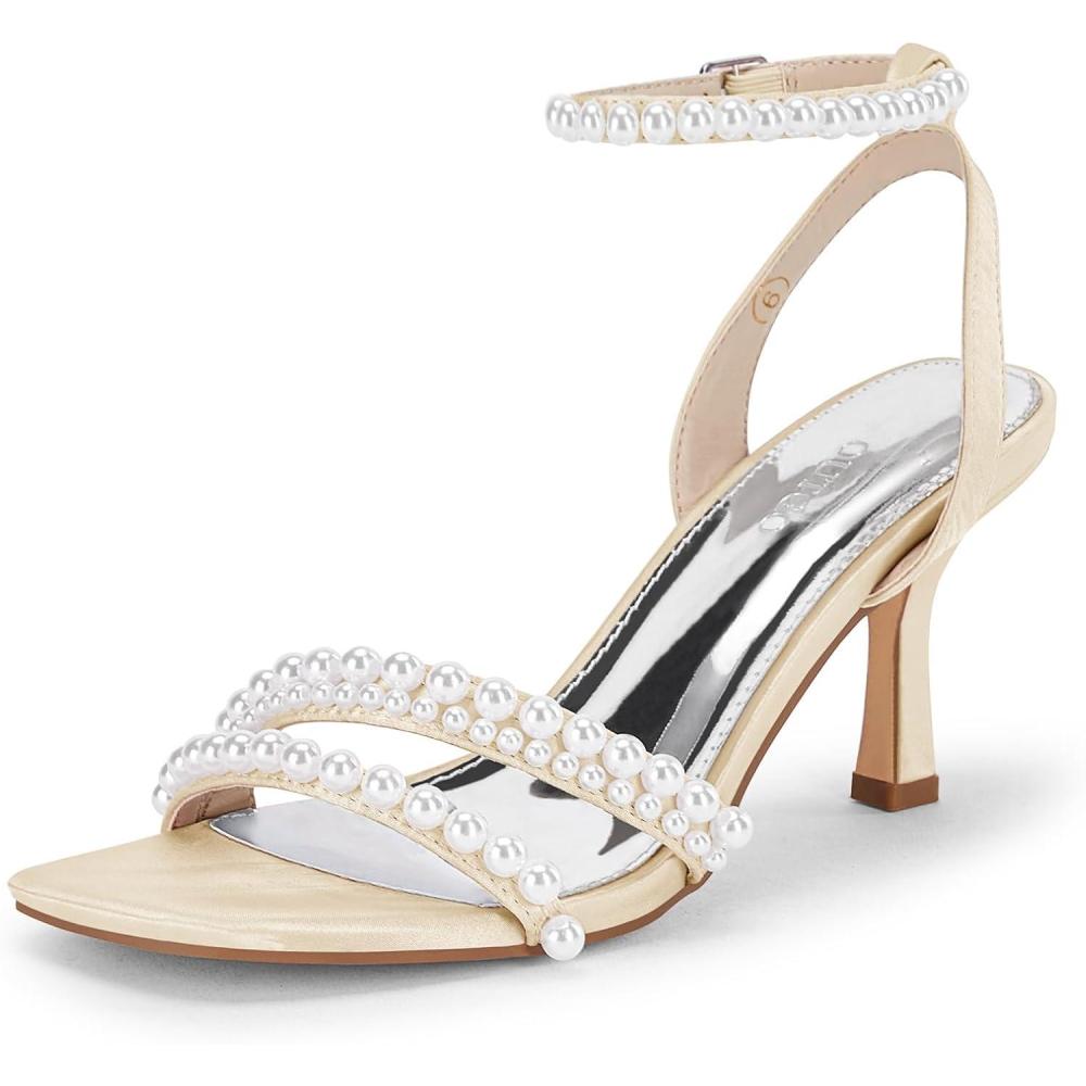 imageCoutgo Womens Pearl Kitten Heels Sandals Square Open Toe Dress Sandals Ankle Strap Satin Wedding Party Summer SandalsChampagne