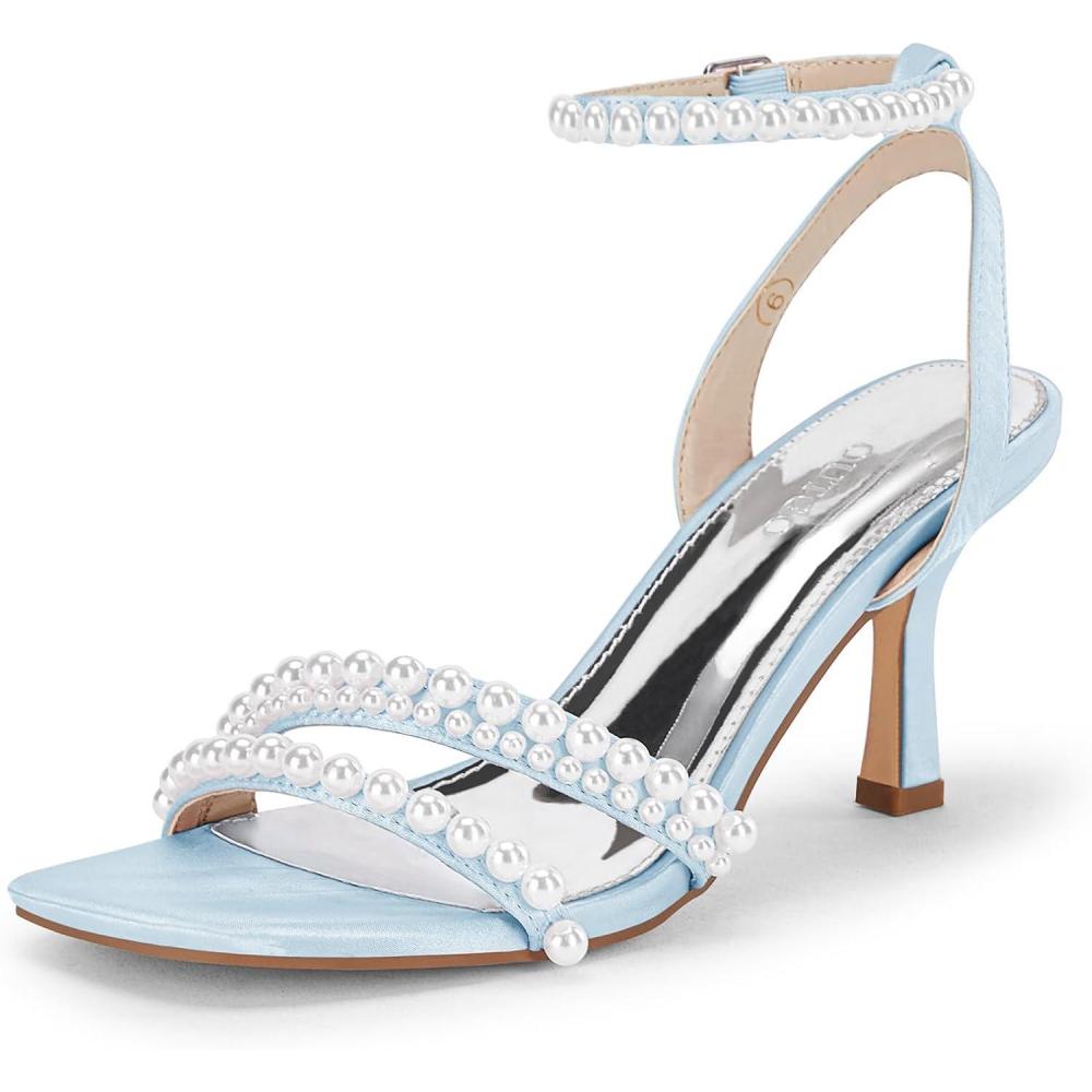 imageCoutgo Womens Pearl Kitten Heels Sandals Square Open Toe Dress Sandals Ankle Strap Satin Wedding Party Summer SandalsSky Blue