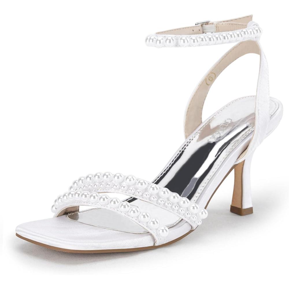 imageCoutgo Womens Pearl Kitten Heels Sandals Square Open Toe Dress Sandals Ankle Strap Satin Wedding Party Summer SandalsWhite