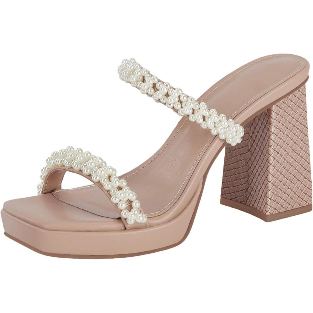 imageCoutgo Womens Pearl Sandals Platform Chunky High Heels Square Open Toe Strappy Slip On SlidesCamel Beige