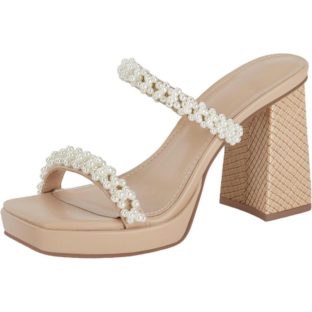 imageCoutgo Womens Pearl Sandals Platform Chunky High Heels Square Open Toe Strappy Slip On SlidesKhaki