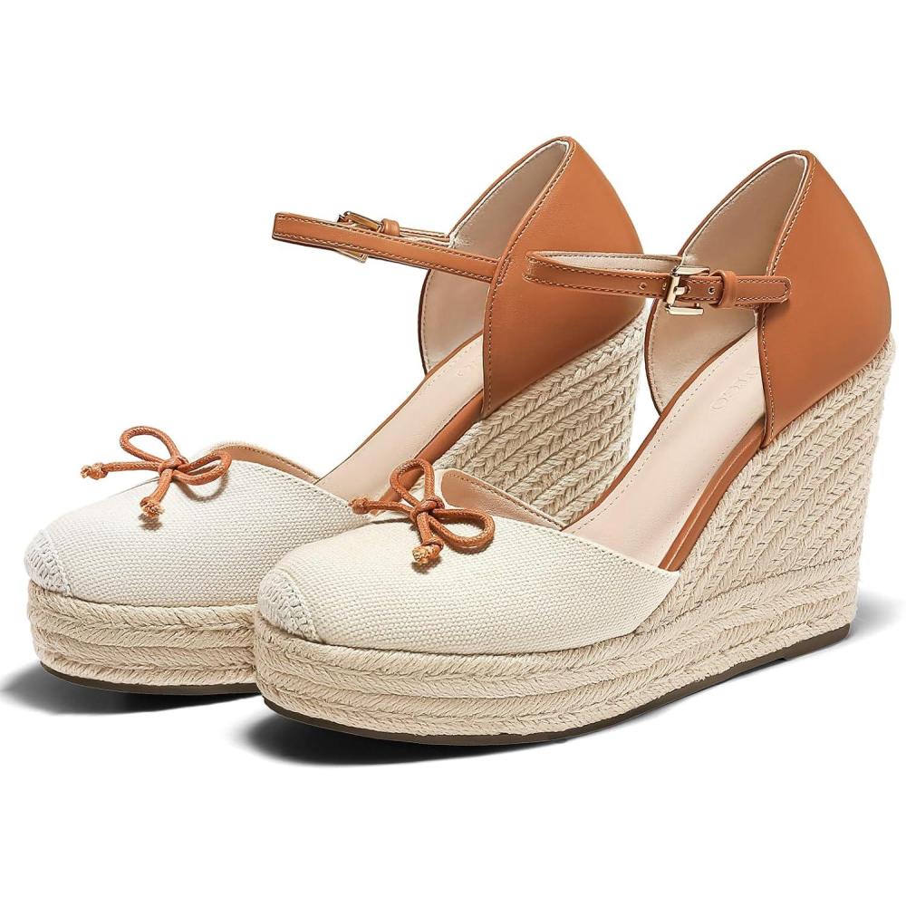 imageCoutgo Womens Platform Espadrilles Wedge Sandals Closed Cap Toe Bow Tie Ankle Buckle Strap Summer Dress ShoesNude