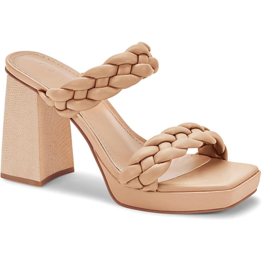 imageCoutgo Womens Platform Heels Chunky Heel Braided Heeled Sandals Slip on High Mules Party Summer Dress ShoesKhaki
