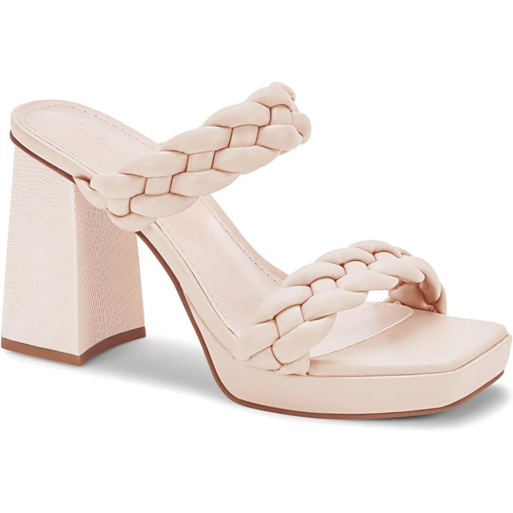 imageCoutgo Womens Platform Heels Chunky Heel Braided Heeled Sandals Slip on High Mules Party Summer Dress ShoesNude