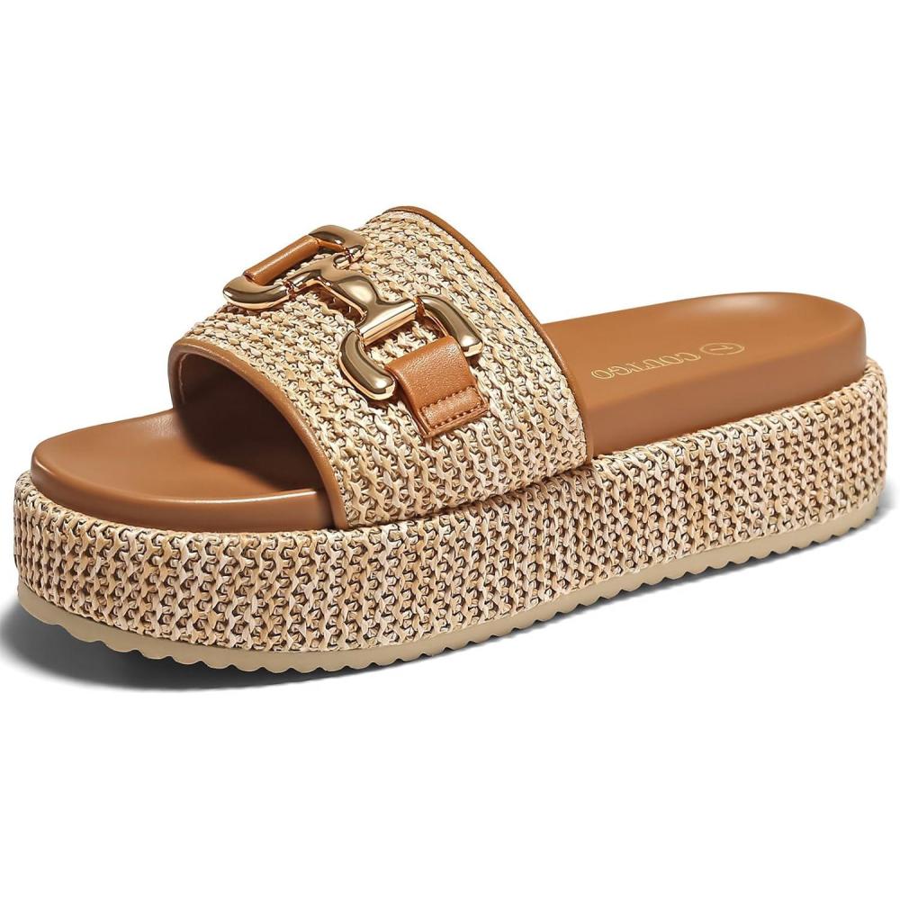 imageCoutgo Womens Platform Sandals Raffia Espadrilles Metal Chain Slip on Open Toe Cute Beach Slide SandalsKhaki