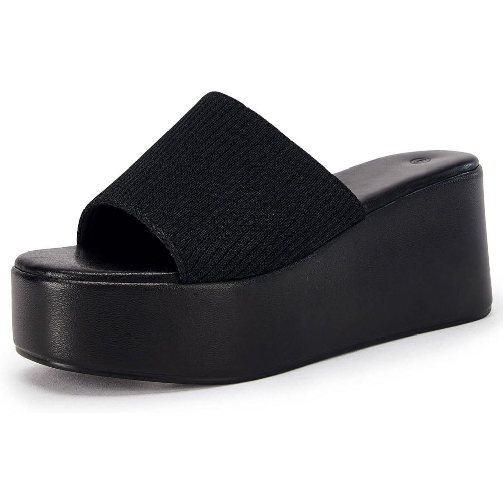 imageCoutgo Womens Platform Slides Sandals Square Open Toe Slip On Elastic Band Casual Lightweight Wedge ShoesBlack