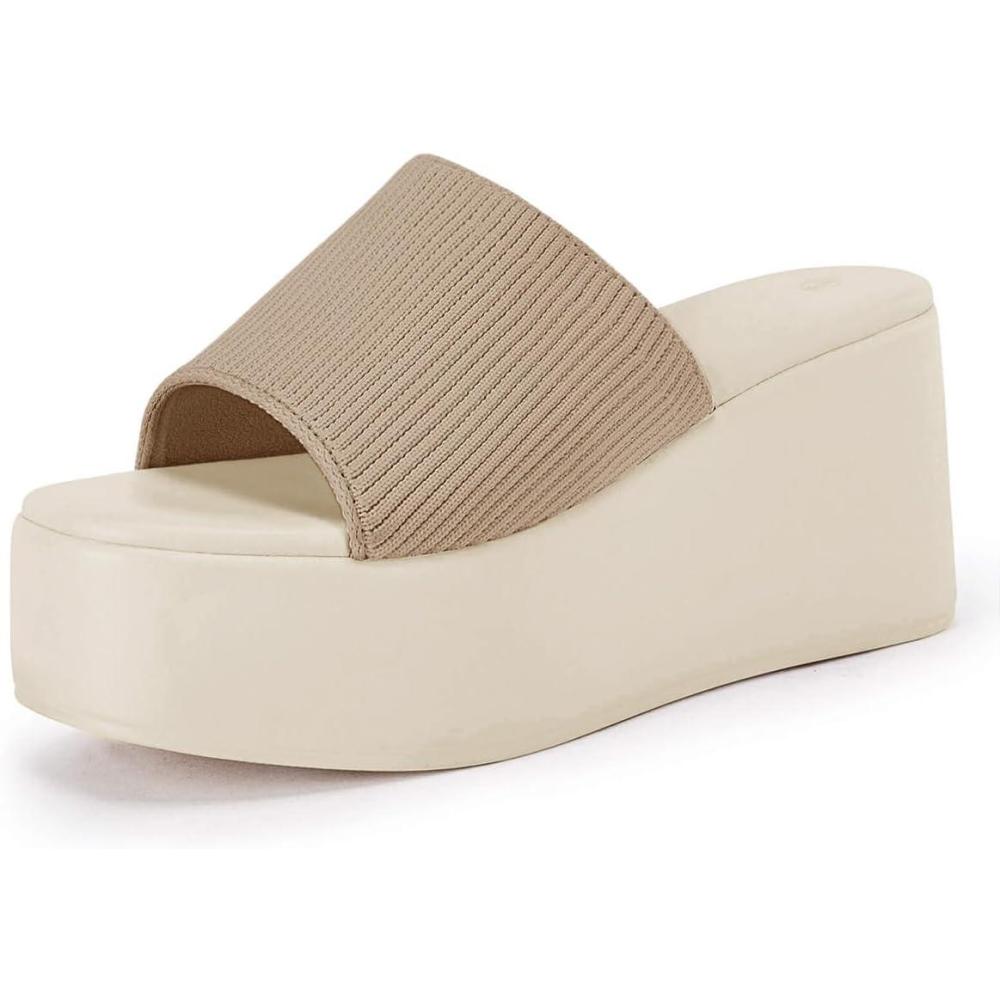 imageCoutgo Womens Platform Slides Sandals Square Open Toe Slip On Elastic Band Casual Lightweight Wedge ShoesLight Khaki