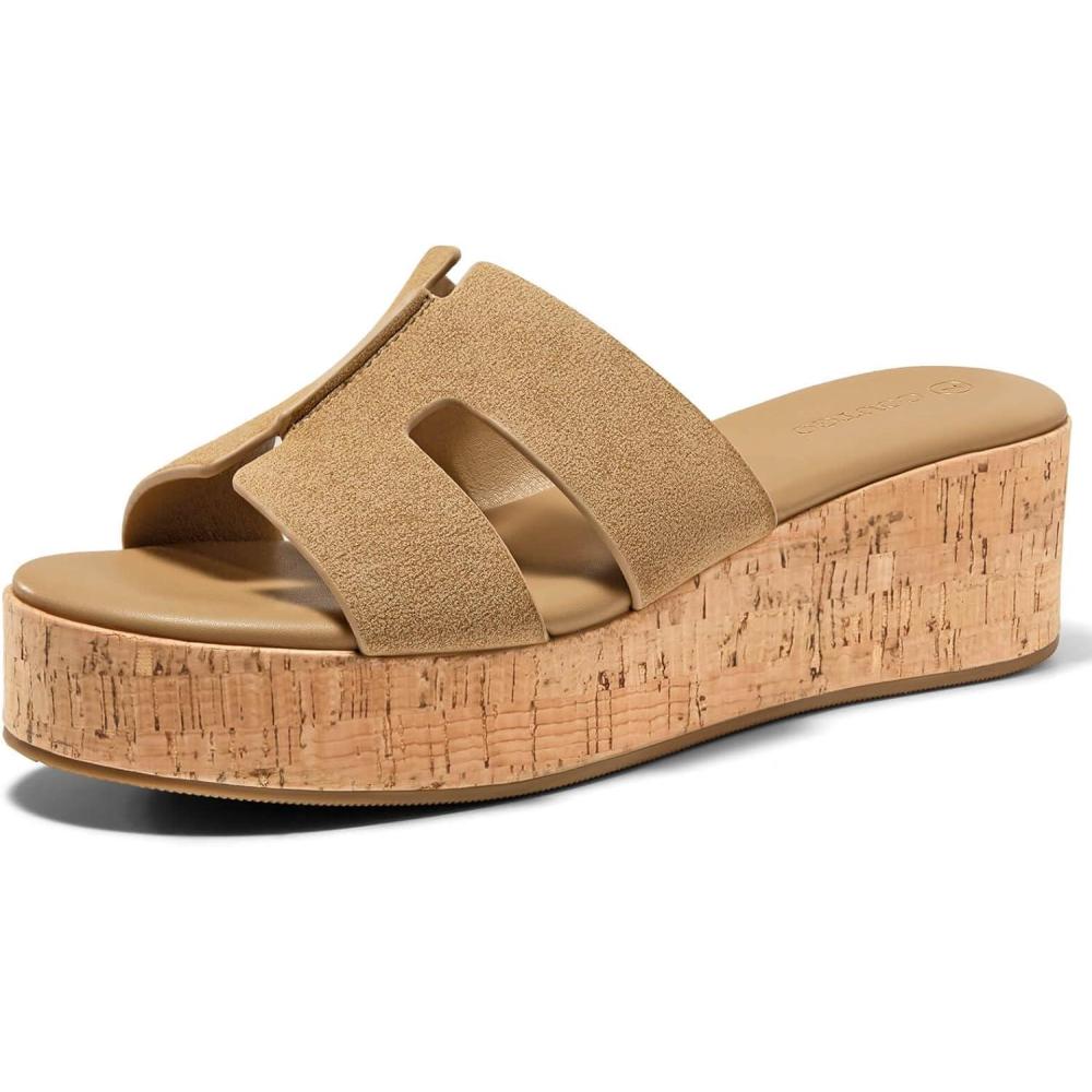 imageCoutgo Womens Platform Wedge Sandals Open Toe Slip On Slides Cork Heeled Cutout Comfortable Summer ShoesCoffee