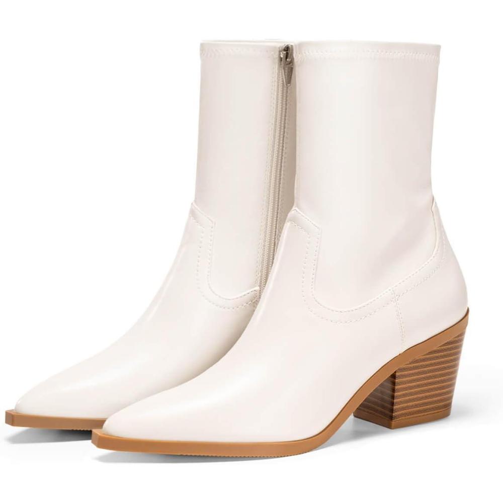 imageCoutgo Womens Pointed Toe Ankle Boots Chunky Stacked Heel Side Zipper Leather Fall Booties ShoesBeige