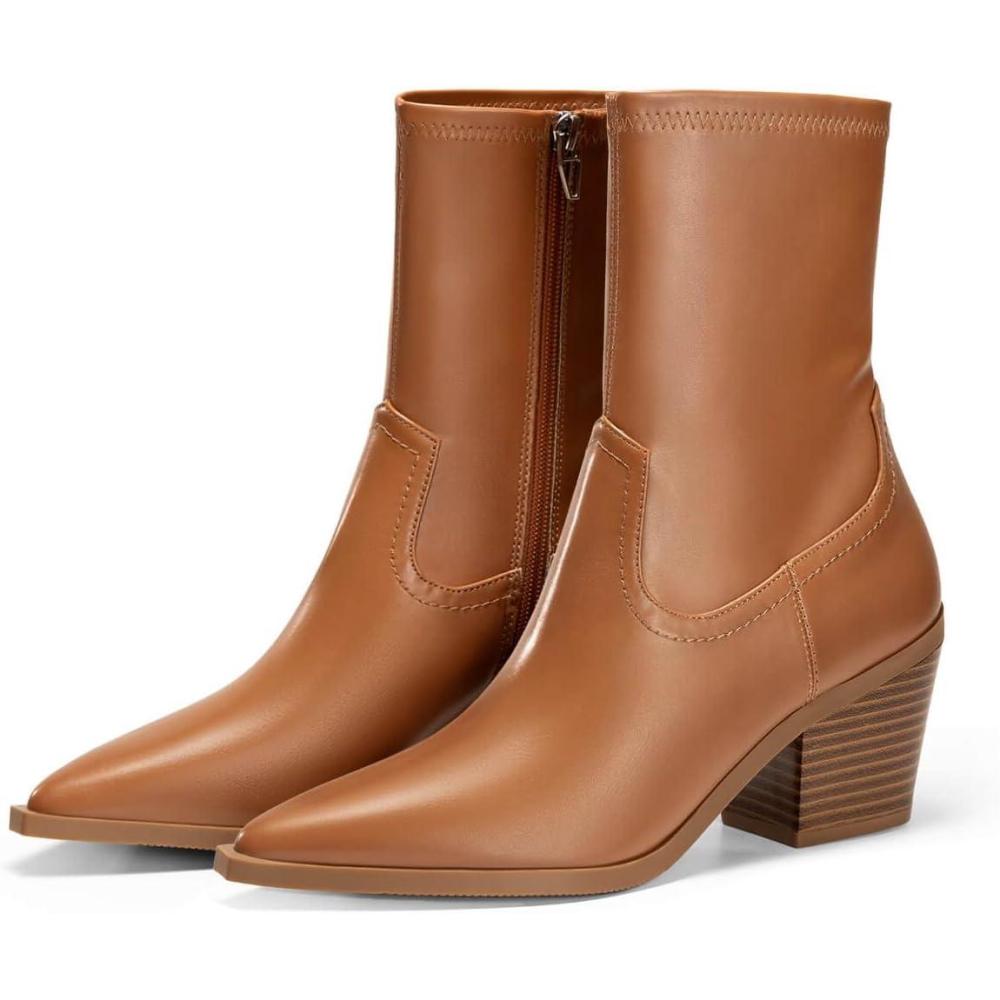 imageCoutgo Womens Pointed Toe Ankle Boots Chunky Stacked Heel Side Zipper Leather Fall Booties ShoesBrown
