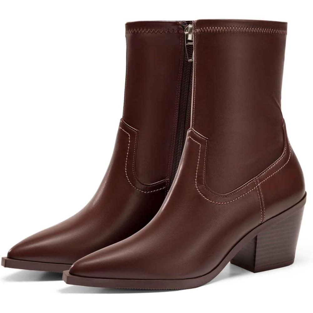 imageCoutgo Womens Pointed Toe Ankle Boots Chunky Stacked Heel Side Zipper Leather Fall Booties ShoesChocolate