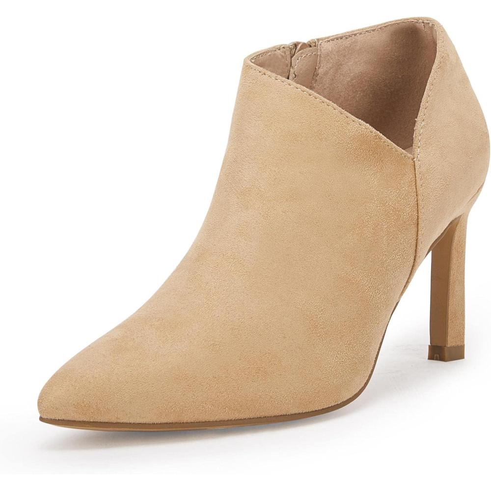 imageCoutgo Womens Pointed Toe V Cut Ankle Boots Kitten Heel Side Zip Office BootiesLight Khaki