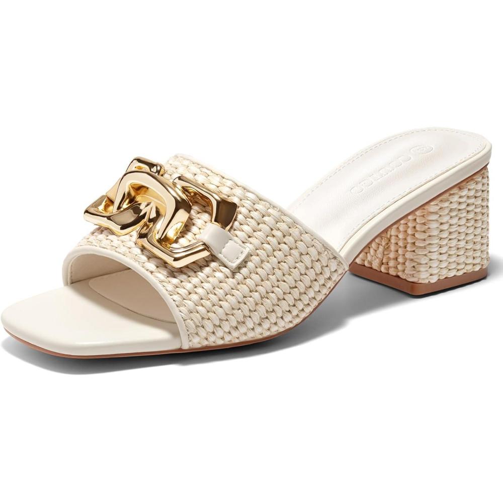 imageCoutgo Womens Raffia Slide Sandals Chunky Block Heeled Square Open Toe Metal Chain Slip on Mules Dressy ShoesBeige