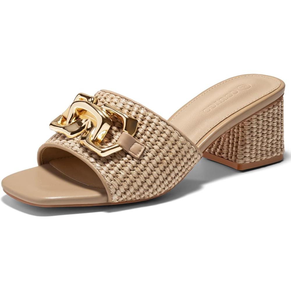 imageCoutgo Womens Raffia Slide Sandals Chunky Block Heeled Square Open Toe Metal Chain Slip on Mules Dressy ShoesCoffee