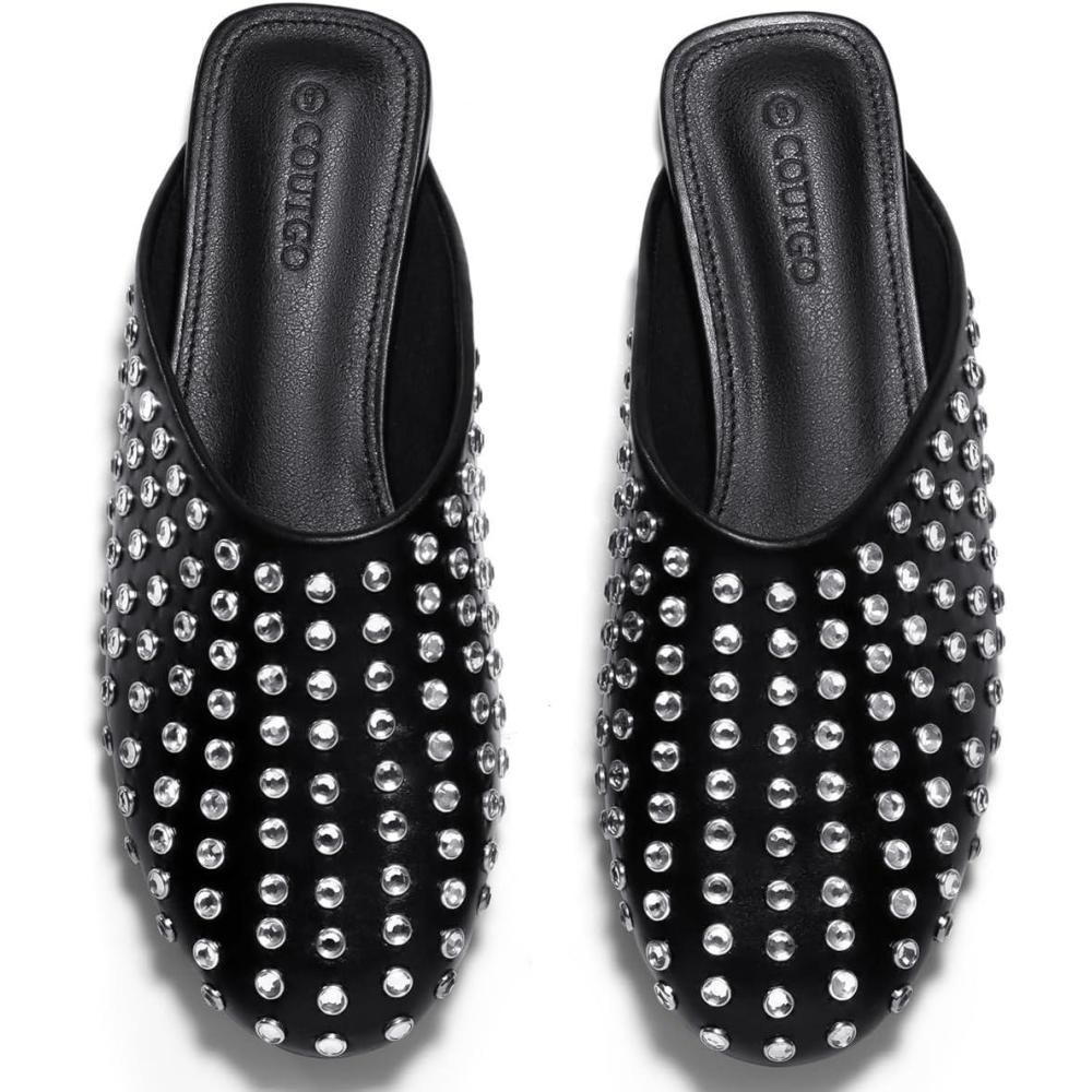 imageCoutgo Womens Rhinestone Mules Flats Sparkly Leather Slip On Shoes Slippers Comfortable Dress Backless Shoes Black Size 9
