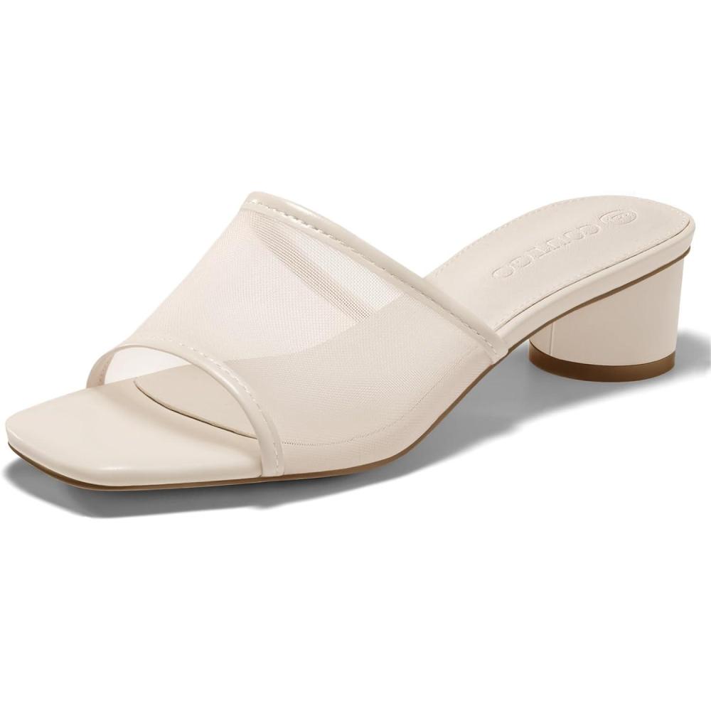 imageCoutgo Womens Slide Sandals Mesh Chunky Heels Mules Square Open Toe Slip On Summer Dress ShoesNude