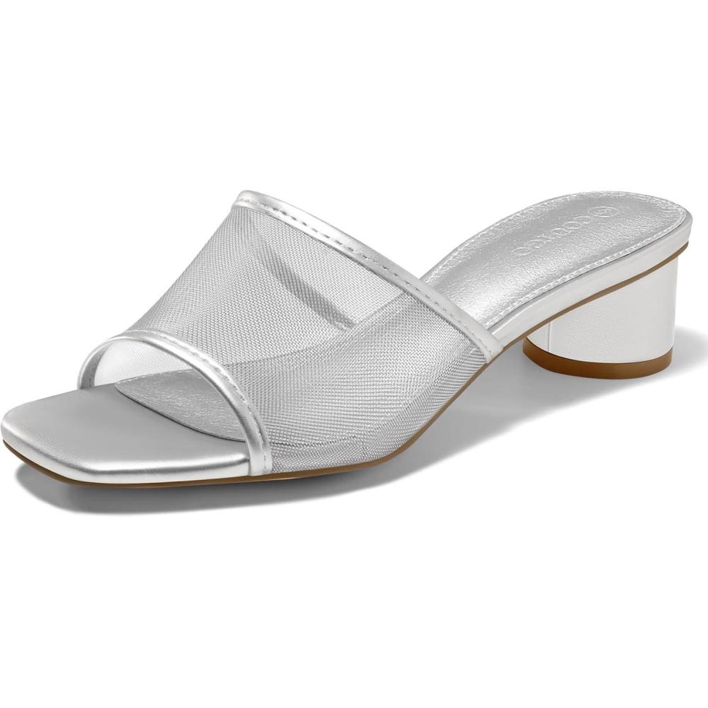 imageCoutgo Womens Slide Sandals Mesh Chunky Heels Mules Square Open Toe Slip On Summer Dress ShoesSliver