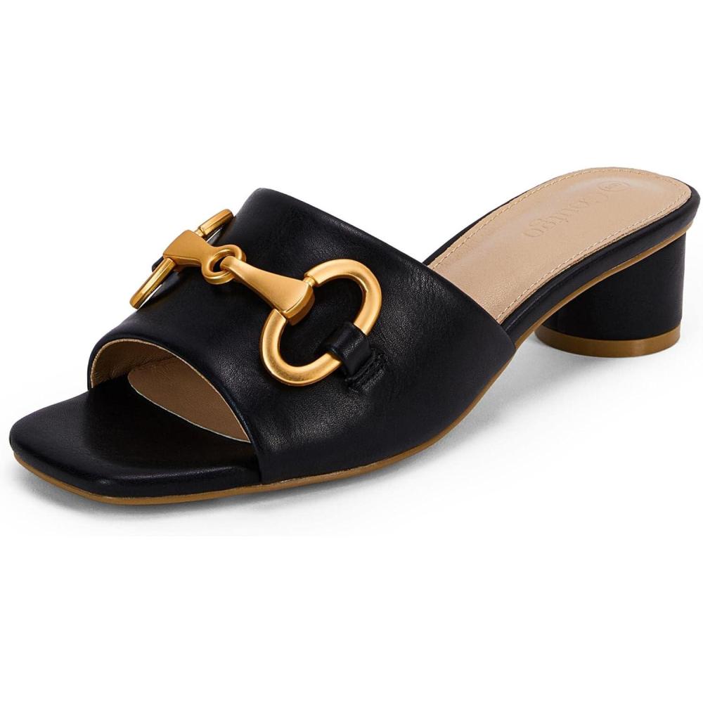 imageCoutgo Womens Slide Sandals Square Open Toe Slip on Comfortable Mules Block Low Heel Metal Chain Dressy ShoesBlack