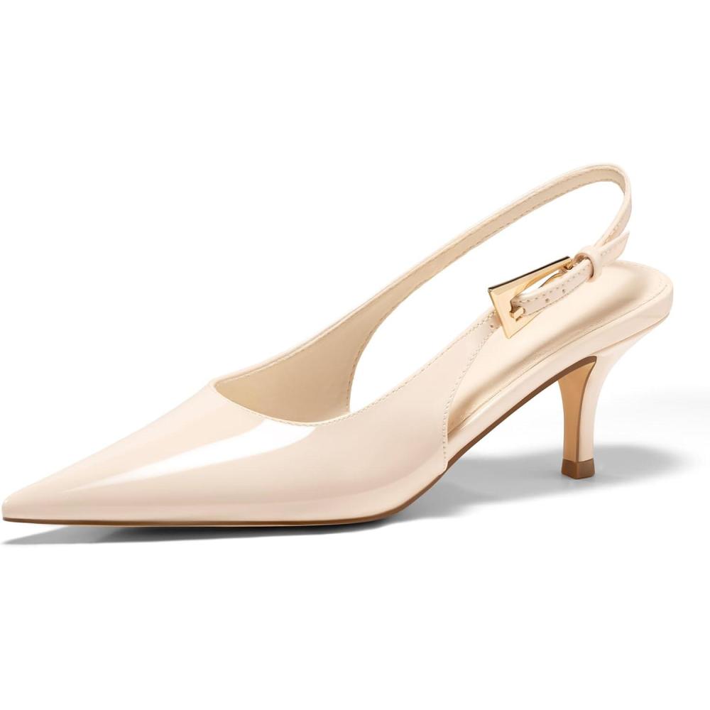 imageCoutgo Womens Slingback Heels Kitten Low Heel Dress Shoes Closed Pointed Toe Buckle Pumps Work Wedding ShoesBeige
