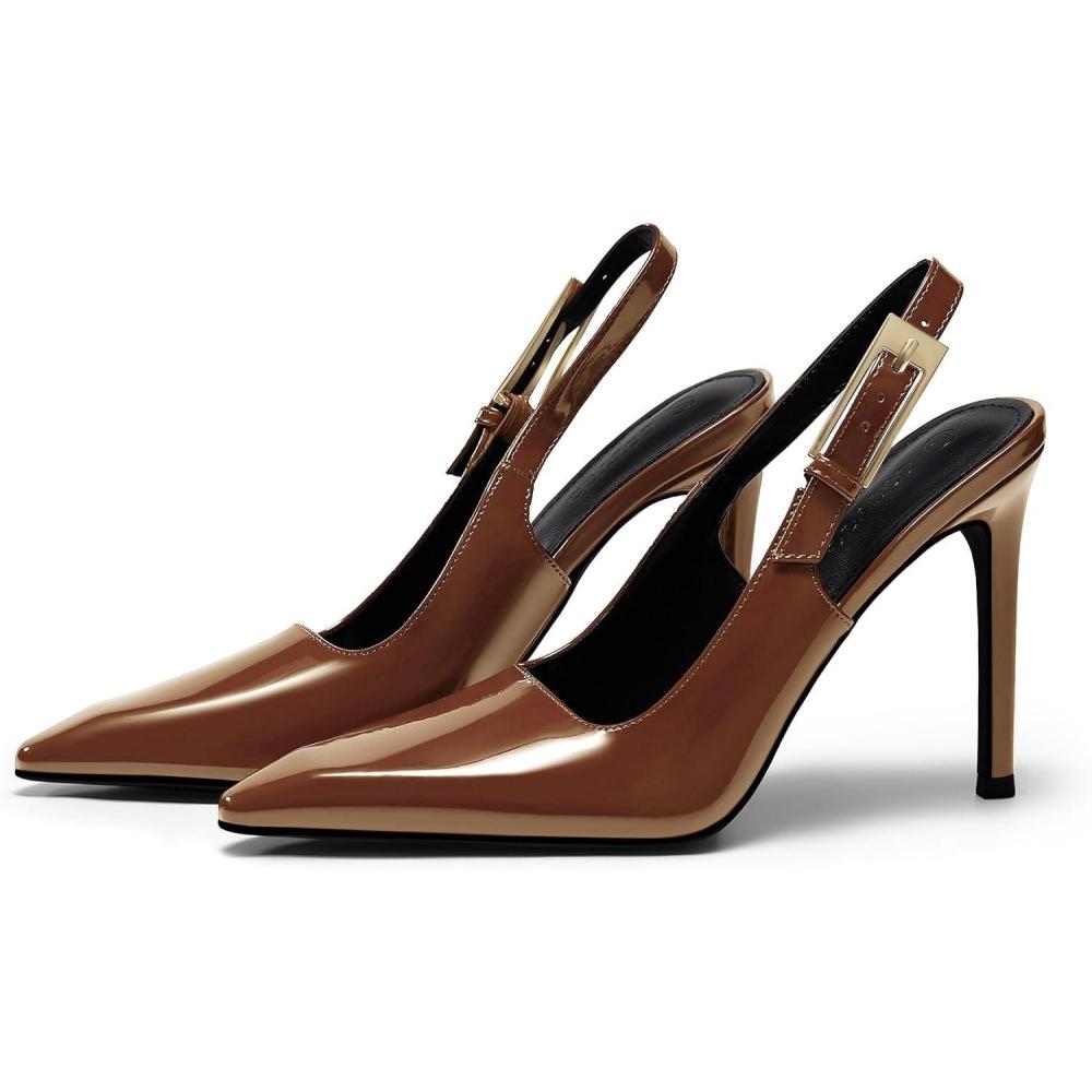 imageCoutgo Womens Slingback High Heels Pointed Toe Stilettos Metal Buckle Dress Party Pump ShoesBrown