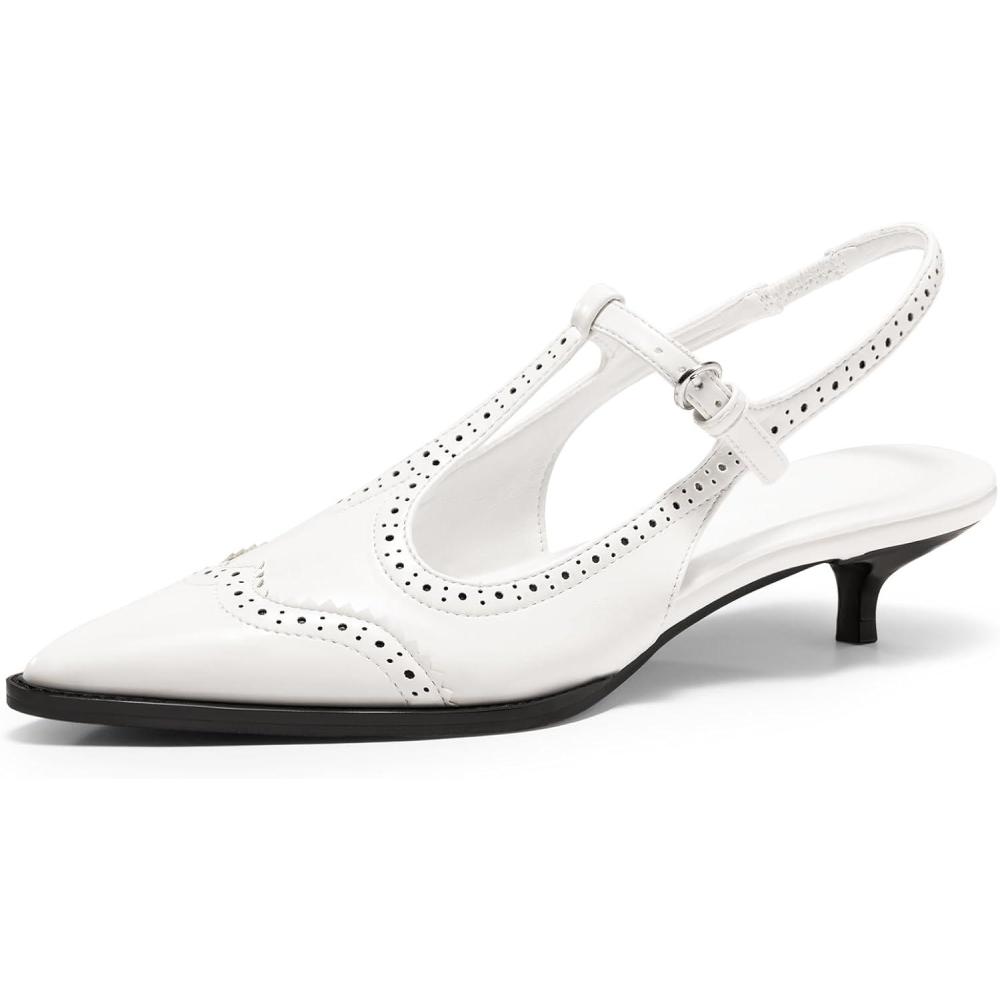 imageCoutgo Womens Slingback Kitten Heels Oxford T Strap Pumps Low Heel Closed Pointed Toe Vintage Dress ShoesWhite