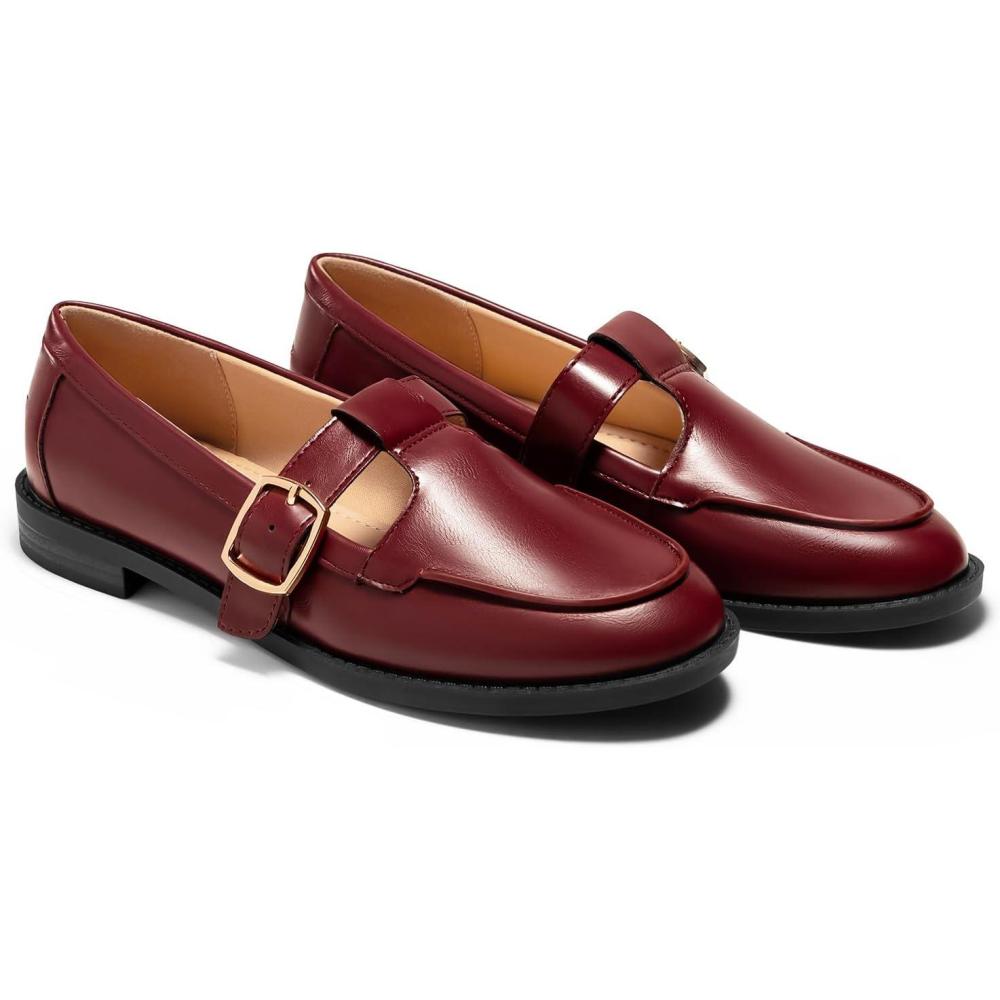 imageCoutgo Womens Slip On Loafers TStrap Closed Round Toe Flats Comfortable Work Business Dress ShoesWine Red