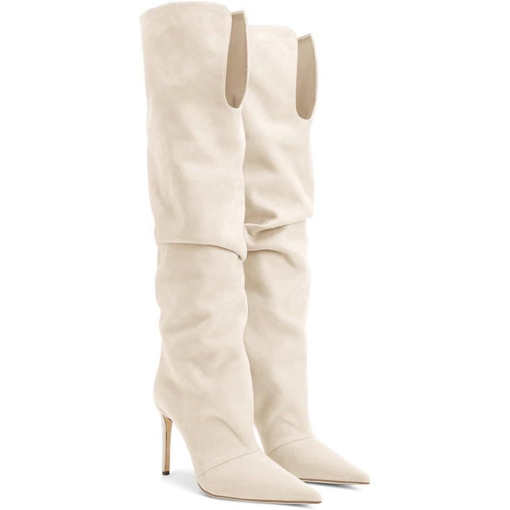 imageCoutgo Womens Slouchy Knee High Boots High Heel Pointed Toe Sexy Stiletto Pull on Tall Boots Winter ShoesBeige