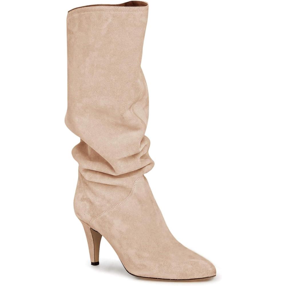imageCoutgo Womens Slouchy Knee High Boots Wide Calf Kitten Heel Pointed Toe Pull On Long Boots Winter ShoesNude