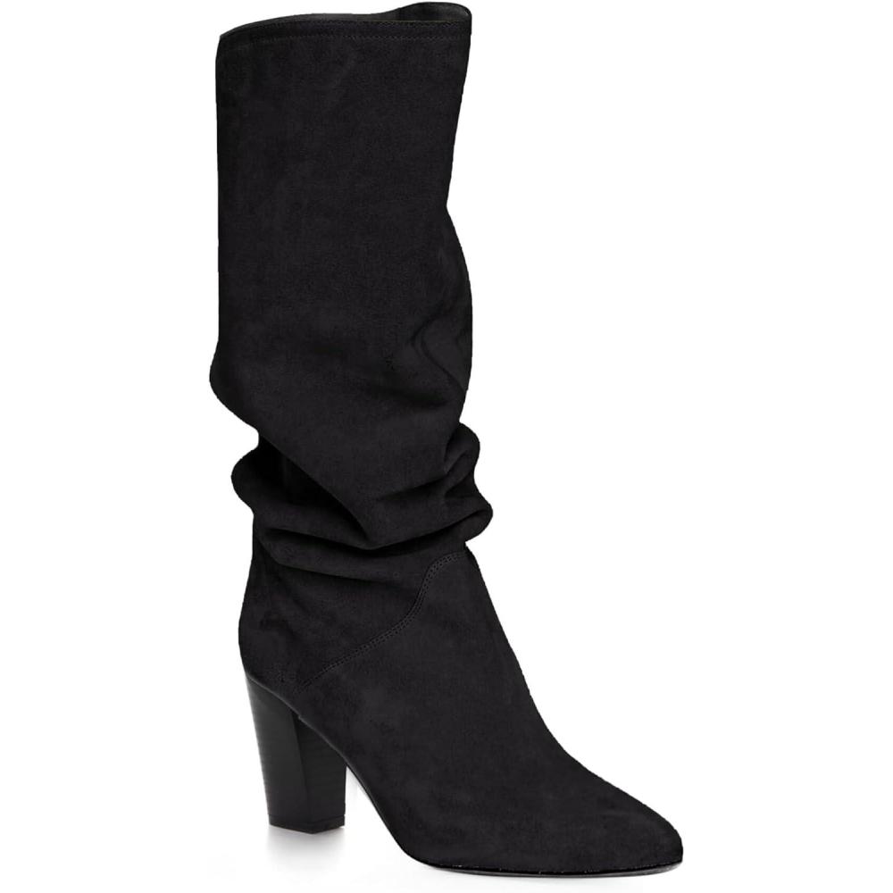 imageCoutgo Womens Slouchy Knee High Boots Wide Calf Kitten Heel Pointed Toe Pull On Long Boots Winter ShoesZblack