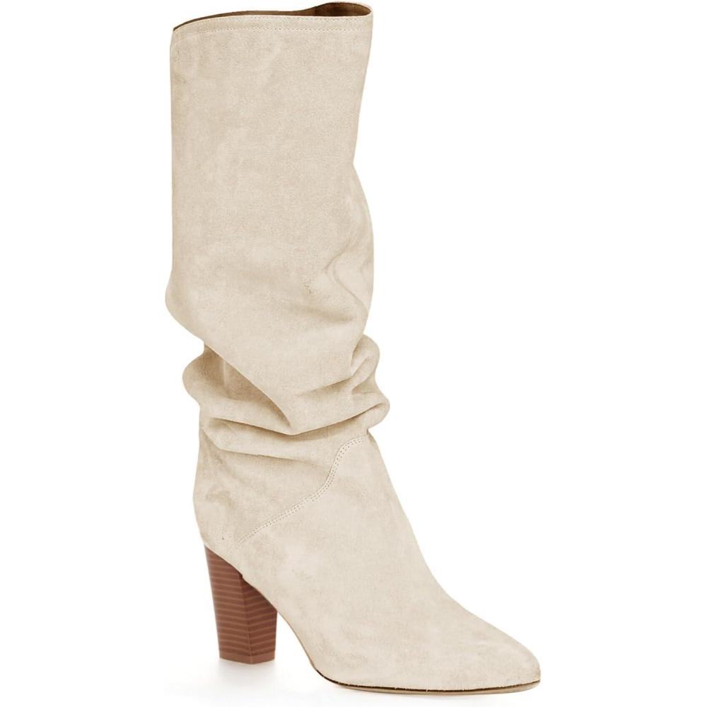 imageCoutgo Womens Slouchy Knee High Boots Wide Calf Kitten Heel Pointed Toe Pull On Long Boots Winter ShoesZwhite