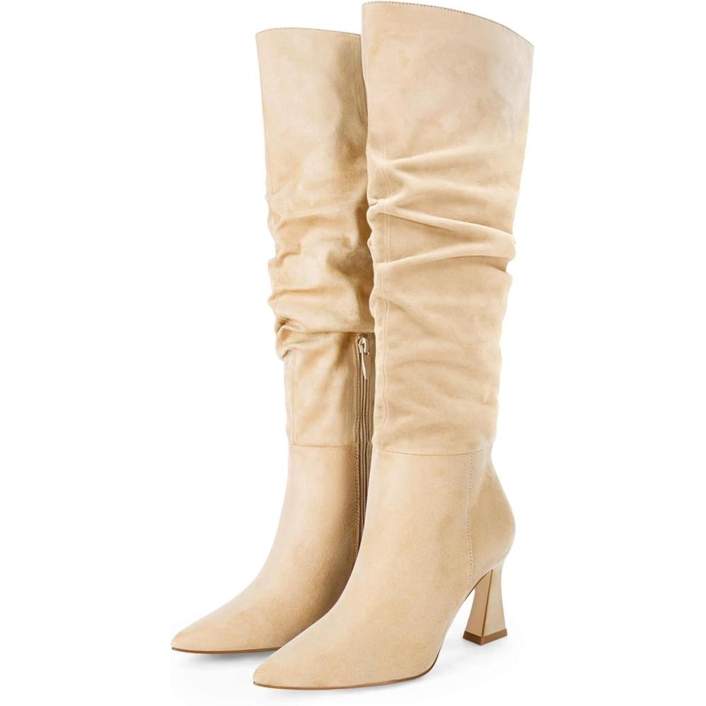 imageCoutgo Womens Slouchy Knee High Boots Wide Calf Pointed Toe Side Zipper Chunky Heel Long Boots Winter ShoesBeige