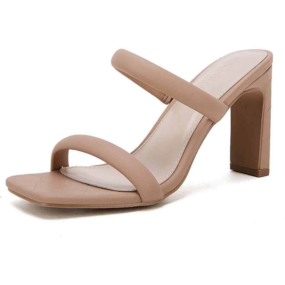 imageCoutgo Womens Square Open Toe Heeled Sandals Two Strap High Heel Backless Dress Slip On MulesKhaki