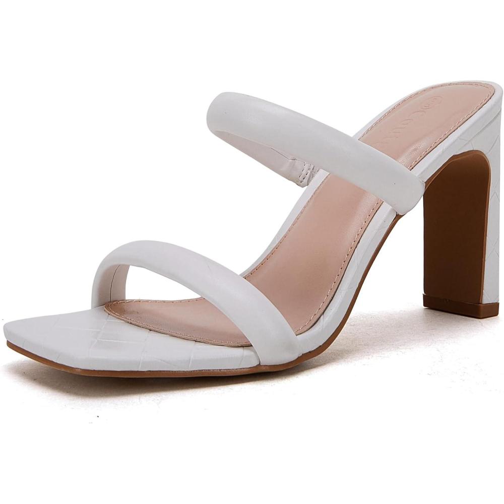 imageCoutgo Womens Square Open Toe Heeled Sandals Two Strap High Heel Backless Dress Slip On MulesWhite