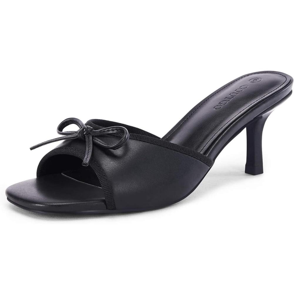 imageCoutgo Womens Square Open Toe Heels Mules Bow Stiletto Heel Backless Slip On Slide SandalsBlack